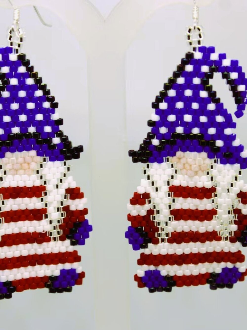 Handmade Beaded Patriotic Girl Gnome Dangle Earrings